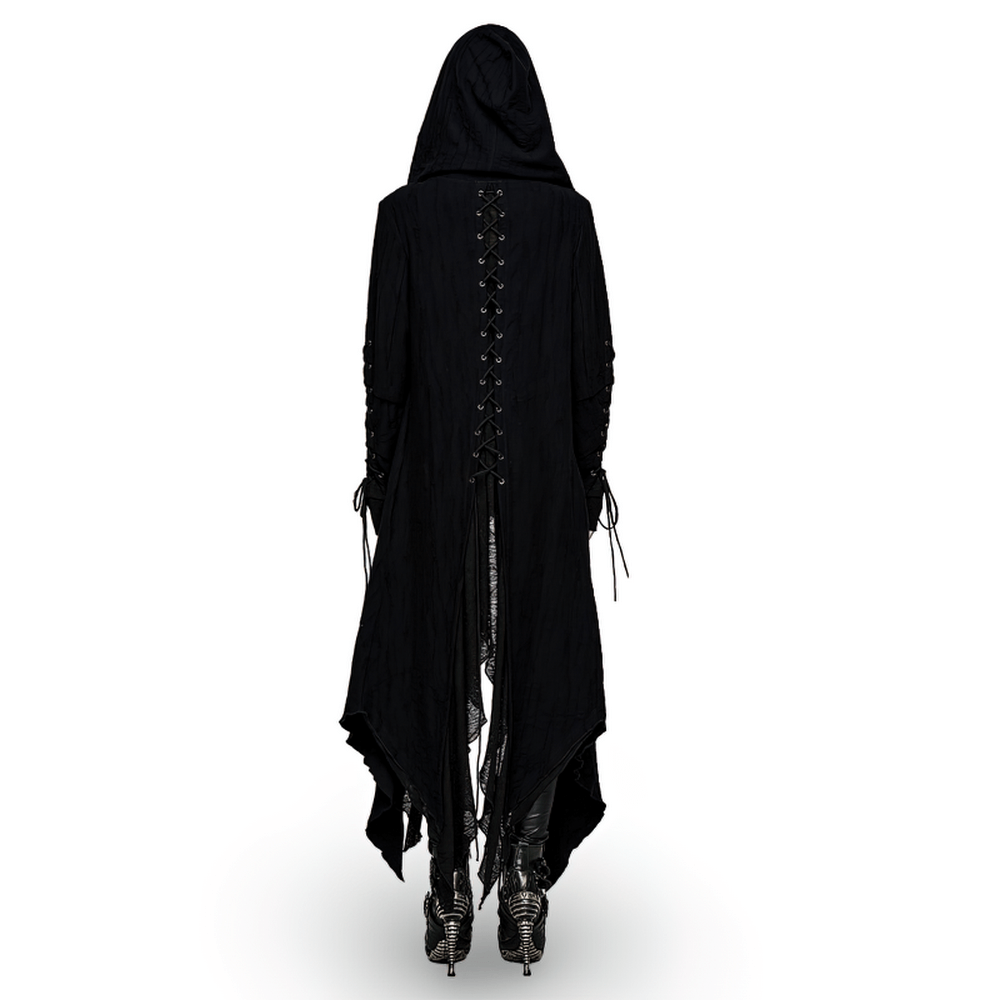 Chic black hooded gothic long coat showcasing a striking back with laced detail for an edgy punk style.