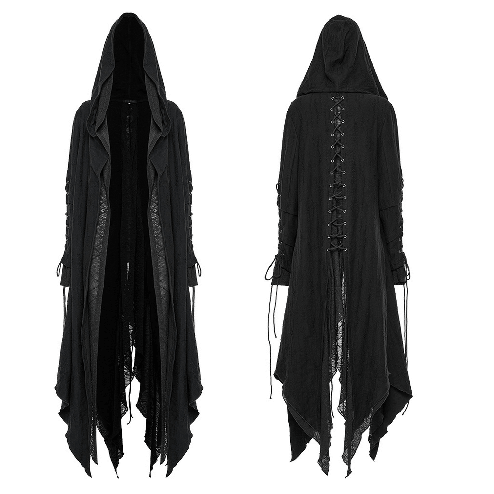 Chic black hooded gothic long coat with unique lace-up back and adjustable sleeves for an edgy style.