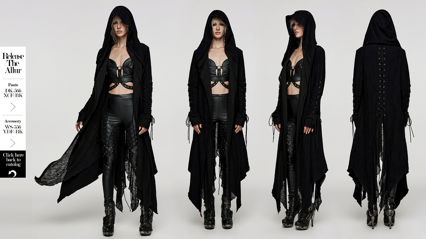 Gothic black hooded long coat with layered design, adjustable sleeves, and edgy punk style, perfect for goth aesthetics.