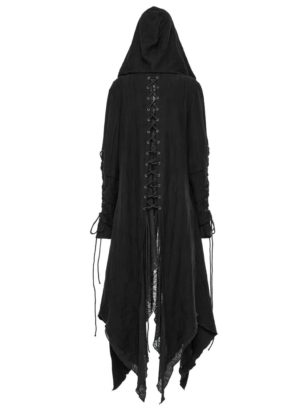 Chic black hooded gothic long coat showing lace-up back and draping fabric, perfect for edgy, punk styling.