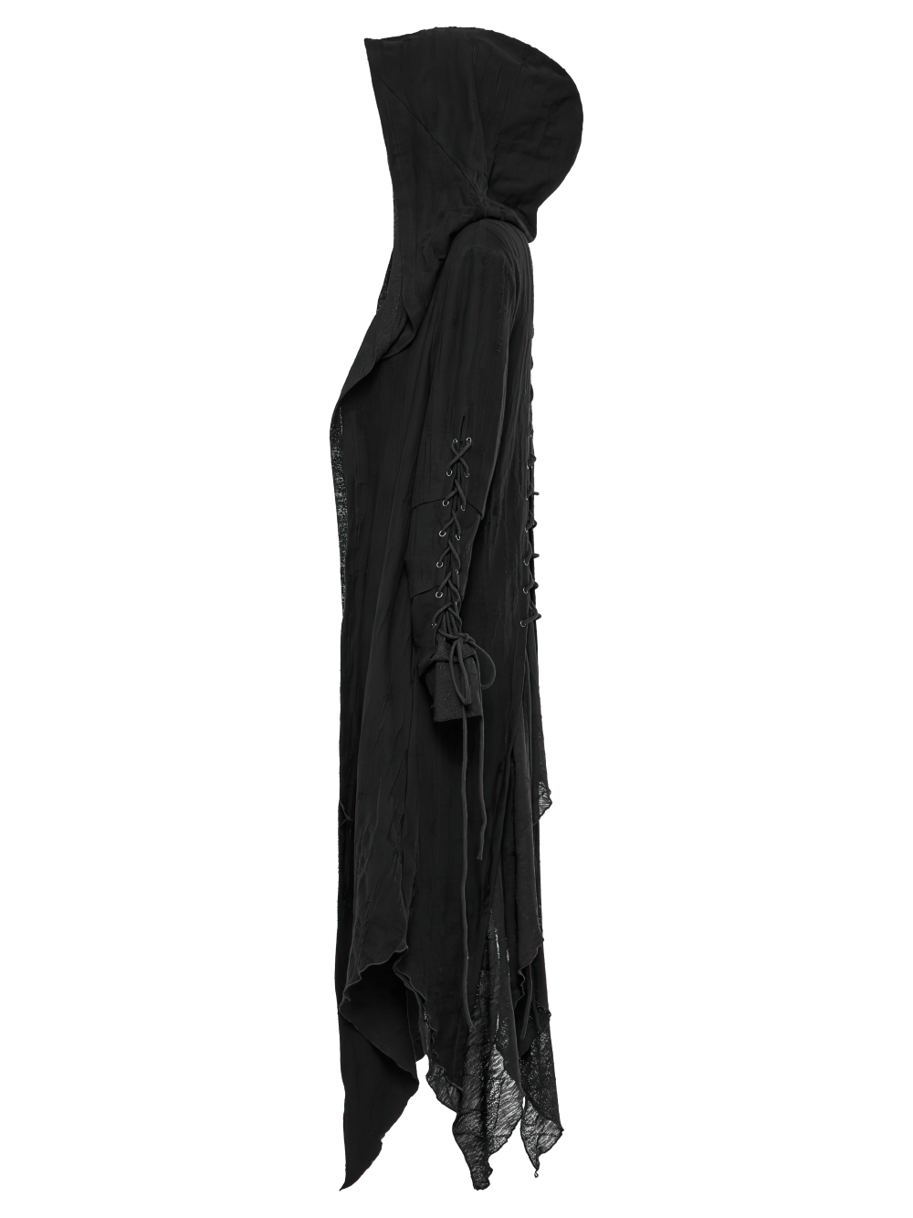 Chic black hooded gothic long coat showcasing layered design, adjustable sleeves, and edgy punk style silhouette.