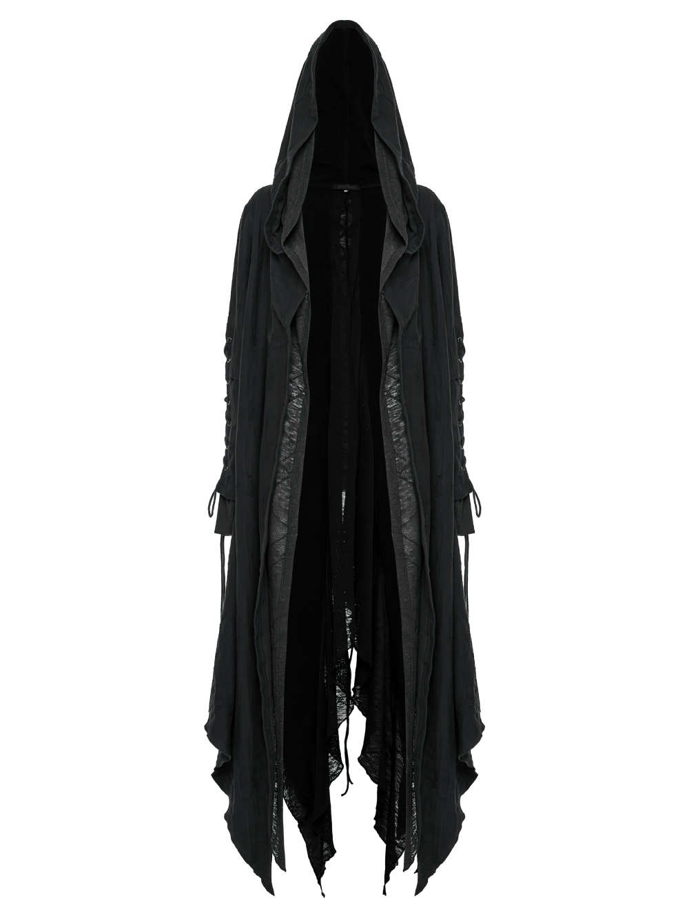 Chic black hooded gothic long coat with layered design and adjustable sleeves for edgy style.