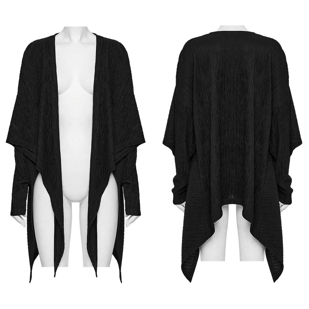 Chic black knit fashion cape for women with irregular hem and versatile layering design.