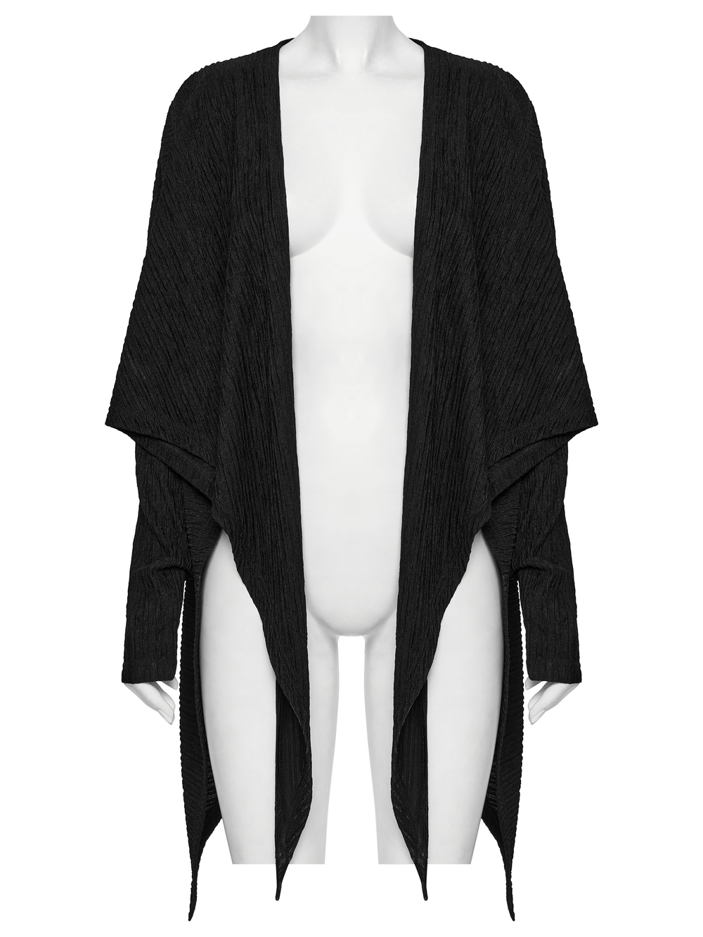 Chic black knit fashion cape for women, perfect for layering with a unique design and irregular hem.