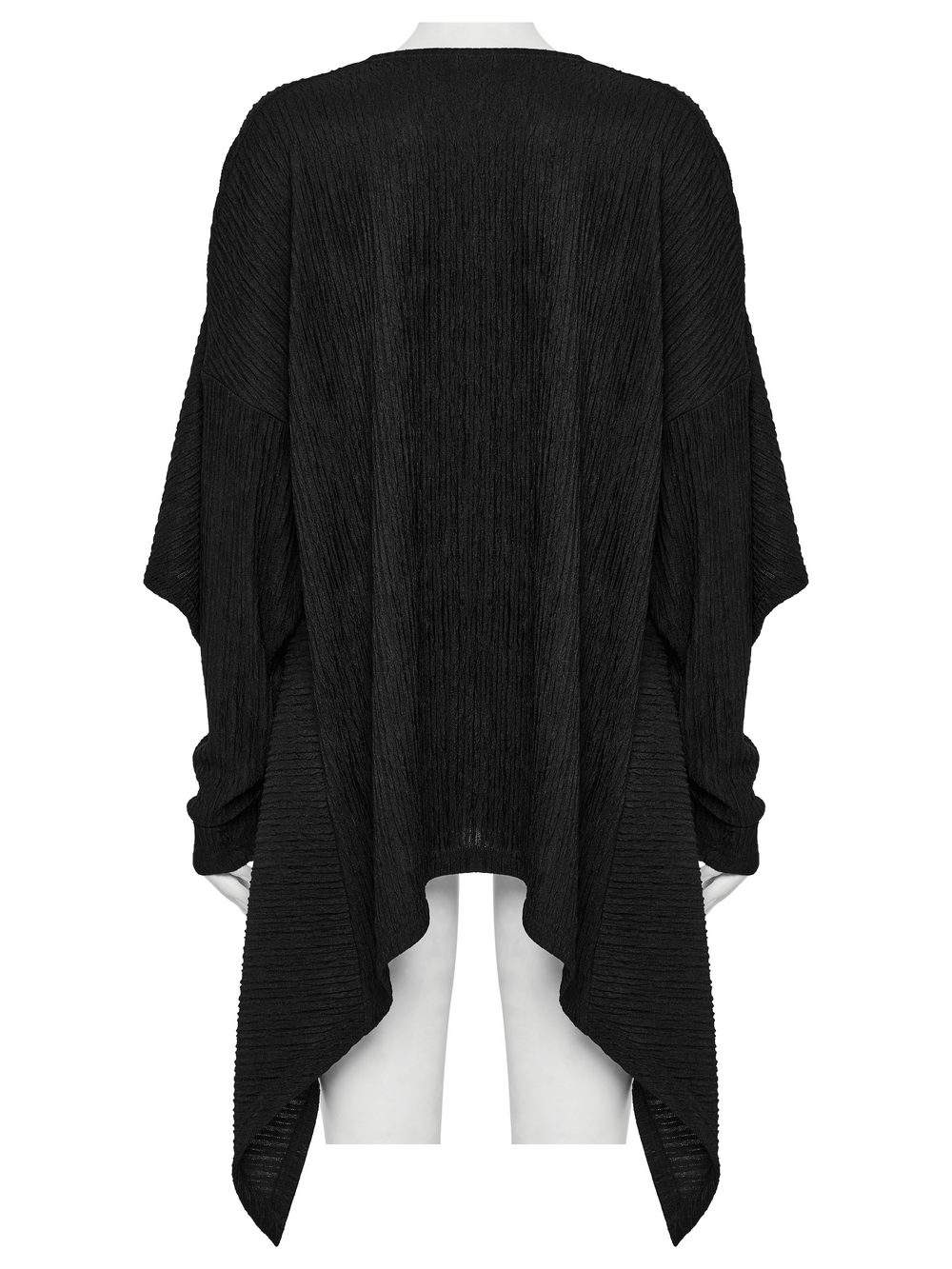 Stylish women's black knit cape with irregular hem, perfect for layering and adding flair to any outfit.