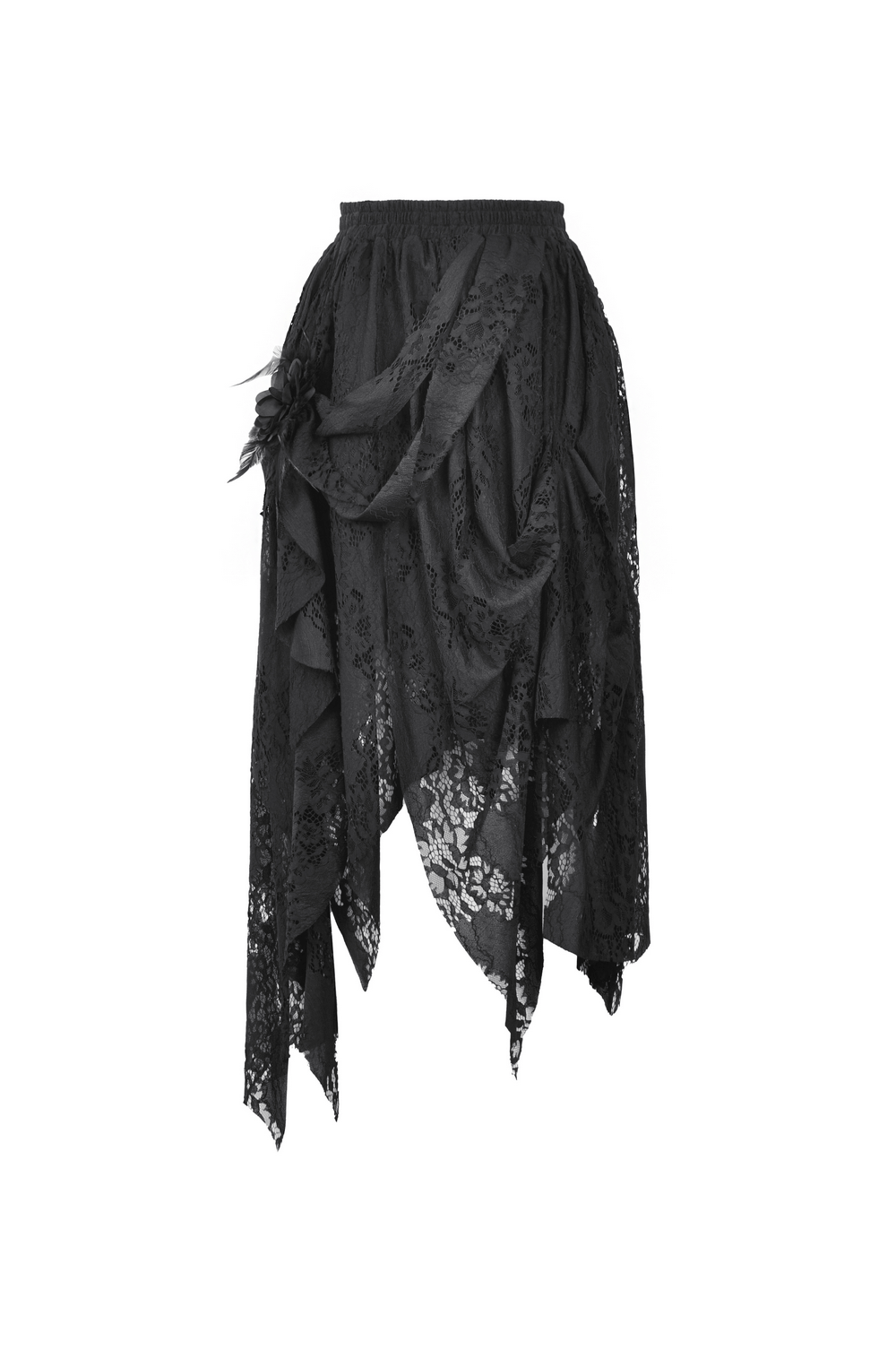 Chic black lace asymmetrical gothic skirt with layered design and delicate patterns, perfect for edgy elegance.
