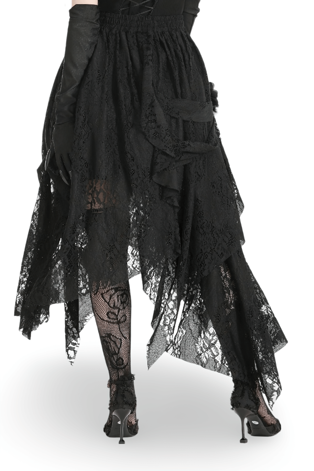 Black asymmetrical lace skirt with layered design, showcasing edgy elegance, perfect for gothic fashion enthusiasts.