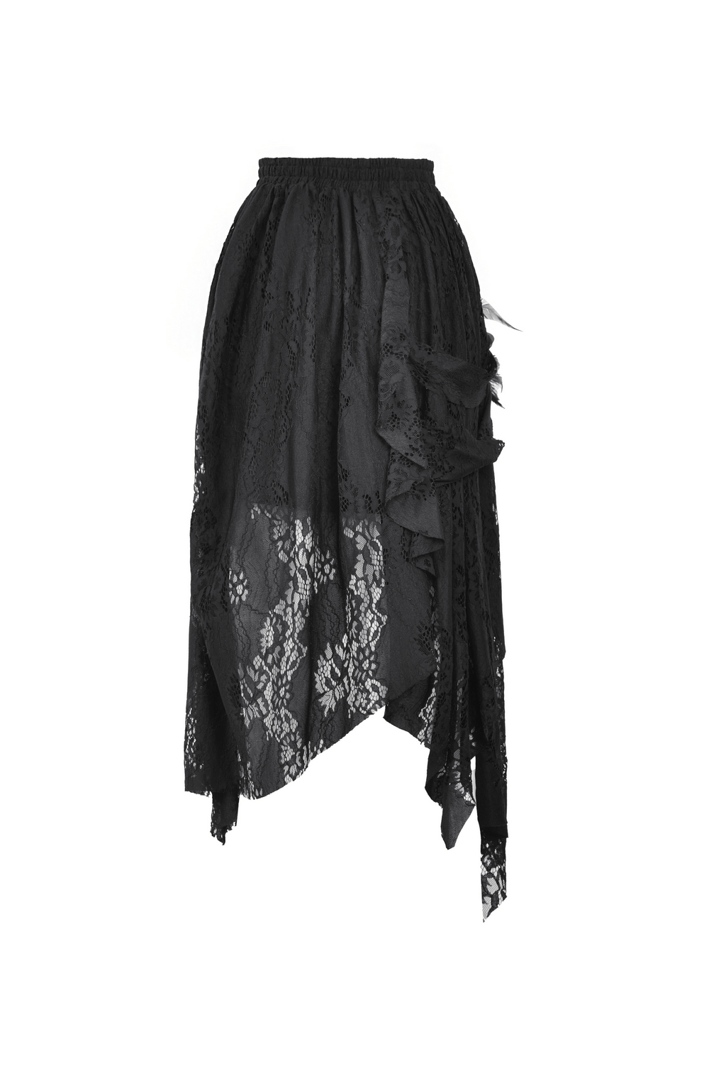 Chic black lace asymmetrical skirt showcasing delicate layers and gothic elegance, perfect for edgy style.