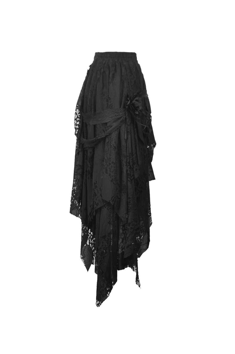 Chic black asymmetrical lace gothic skirt with layered design and elegant bow detail.
