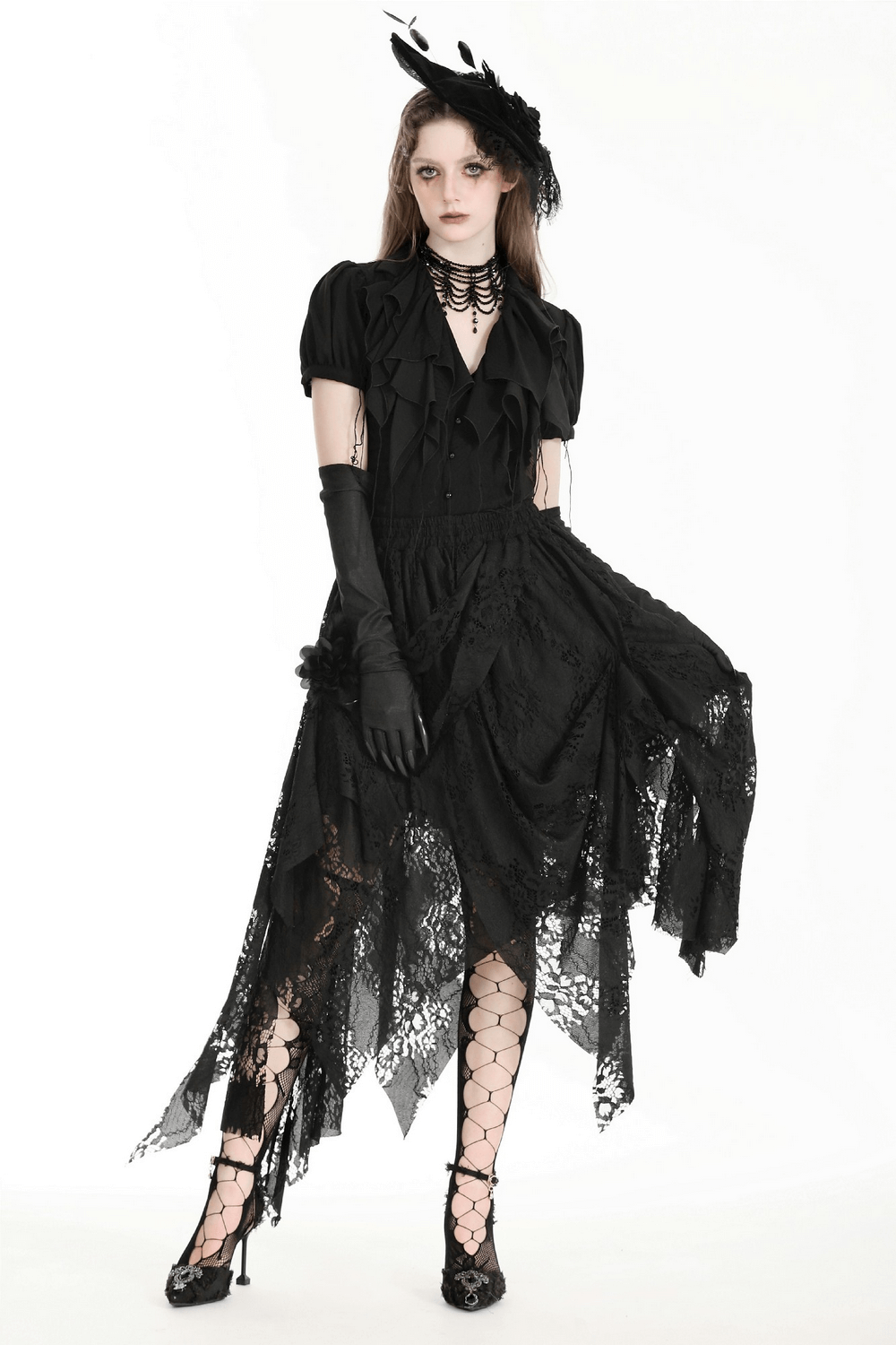 Model wearing a chic black lace asymmetrical Gothic skirt with elegant details, enhancing edgy fashion style.