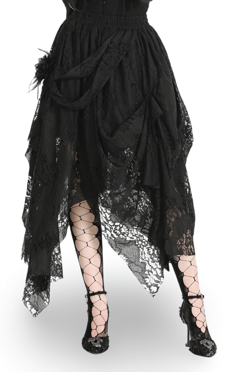 Chic black lace asymmetrical gothic skirt with a layered design, perfect for edgy elegance and stylish outings.