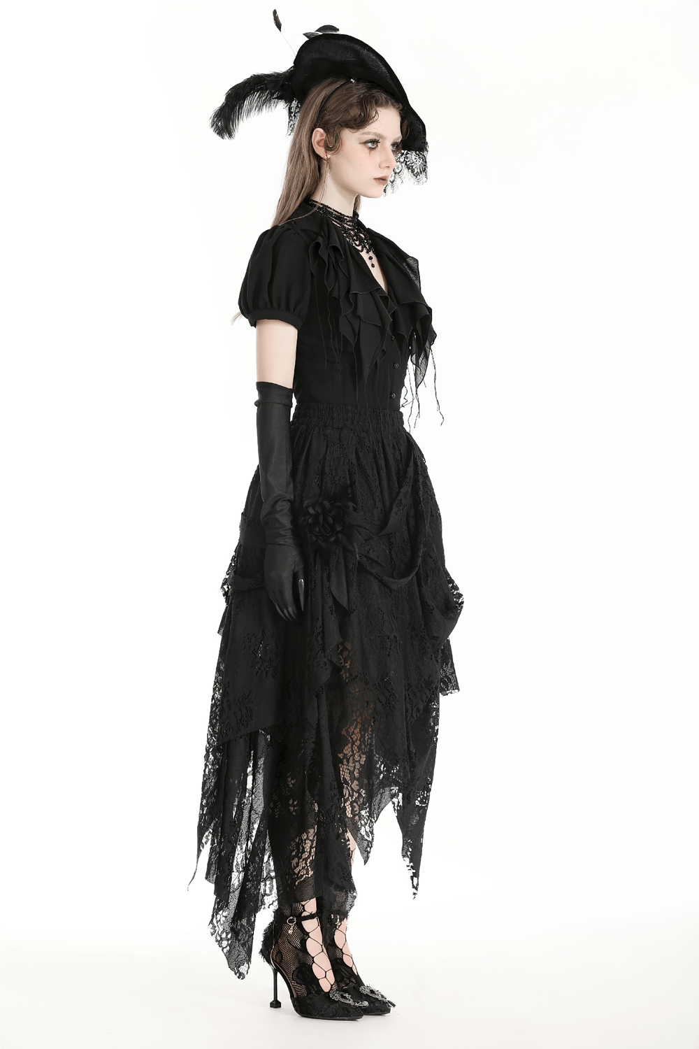 Chic Black Lace Asymmetrical Gothic Skirt - Edgy Elegance
