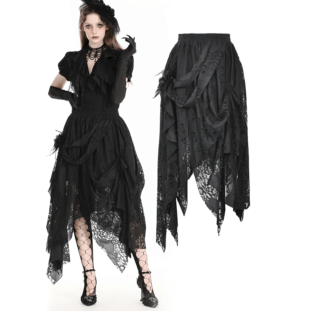 Chic black lace asymmetrical Gothic skirt showcasing edgy elegance with layered design, perfect for stylish nights out.