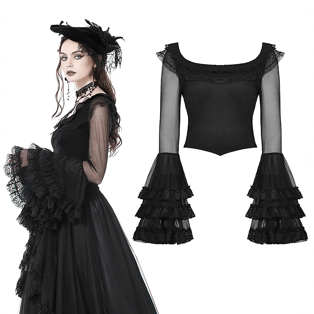 Chic black lace bell sleeved top with sheer mesh and ruffled cuffs, perfect for gothic-inspired fashion.