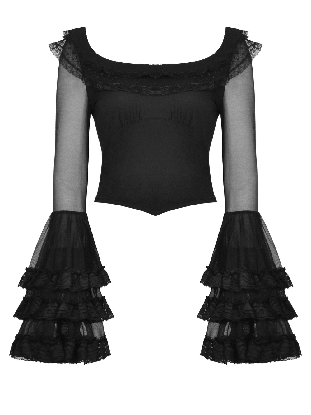 Chic black lace bell-sleeved top with sheer mesh and ruffled cuffs, perfect for edgy, alternative fashion.