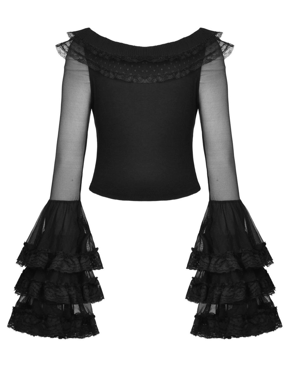 Chic black lace top with sheer mesh sleeves and ruffled cuffs, perfect for alternative fashion.