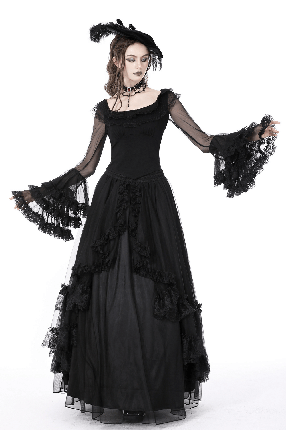Chic black lace top with sheer mesh bell sleeves and ruffled cuffs, styled for a gothic, romantic aesthetic.