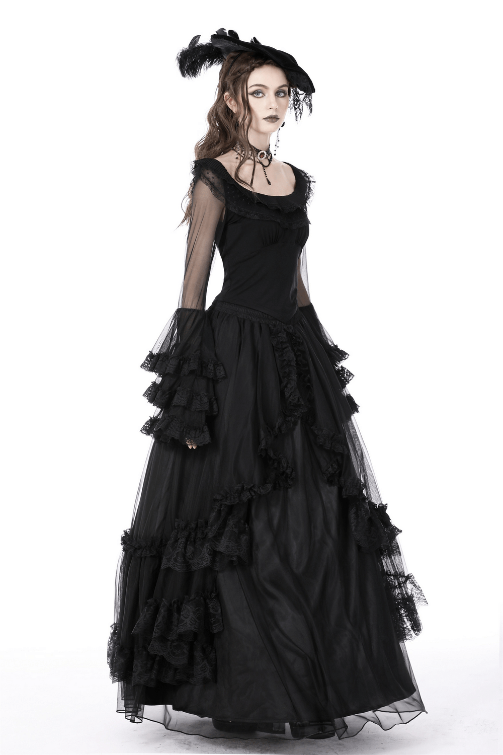 Elegant gothic black dress with ruffled lace details and sheer mesh sleeves, perfect for alternative fashion lovers.