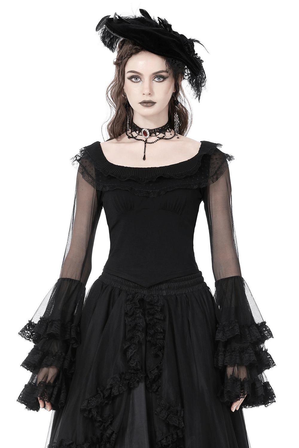 Chic black lace top with sheer mesh sleeves and ruffled cuffs, perfect for gothic-inspired fashion.