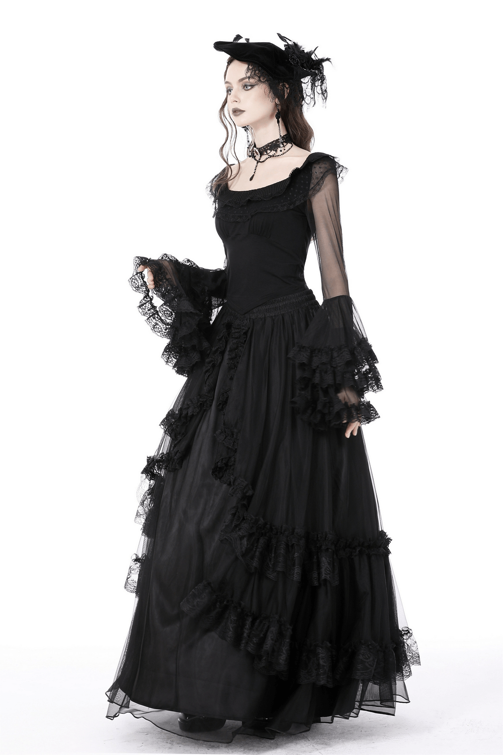 Elegant black dress with ruffled lace details and sheer sleeves for a gothic-inspired look.