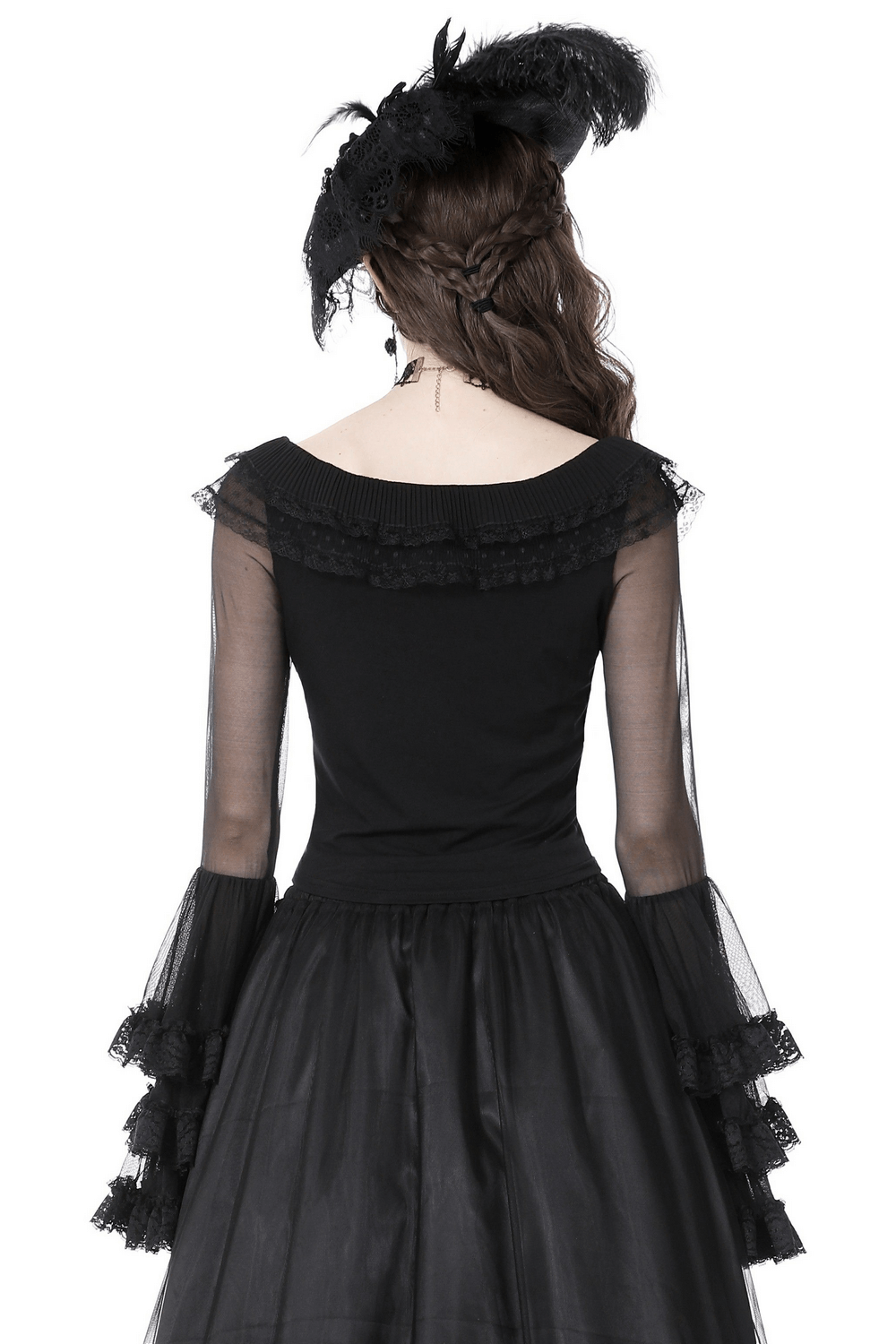 Back view of a chic black lace bell-sleeved top with sheer mesh and ruffled cuffs.