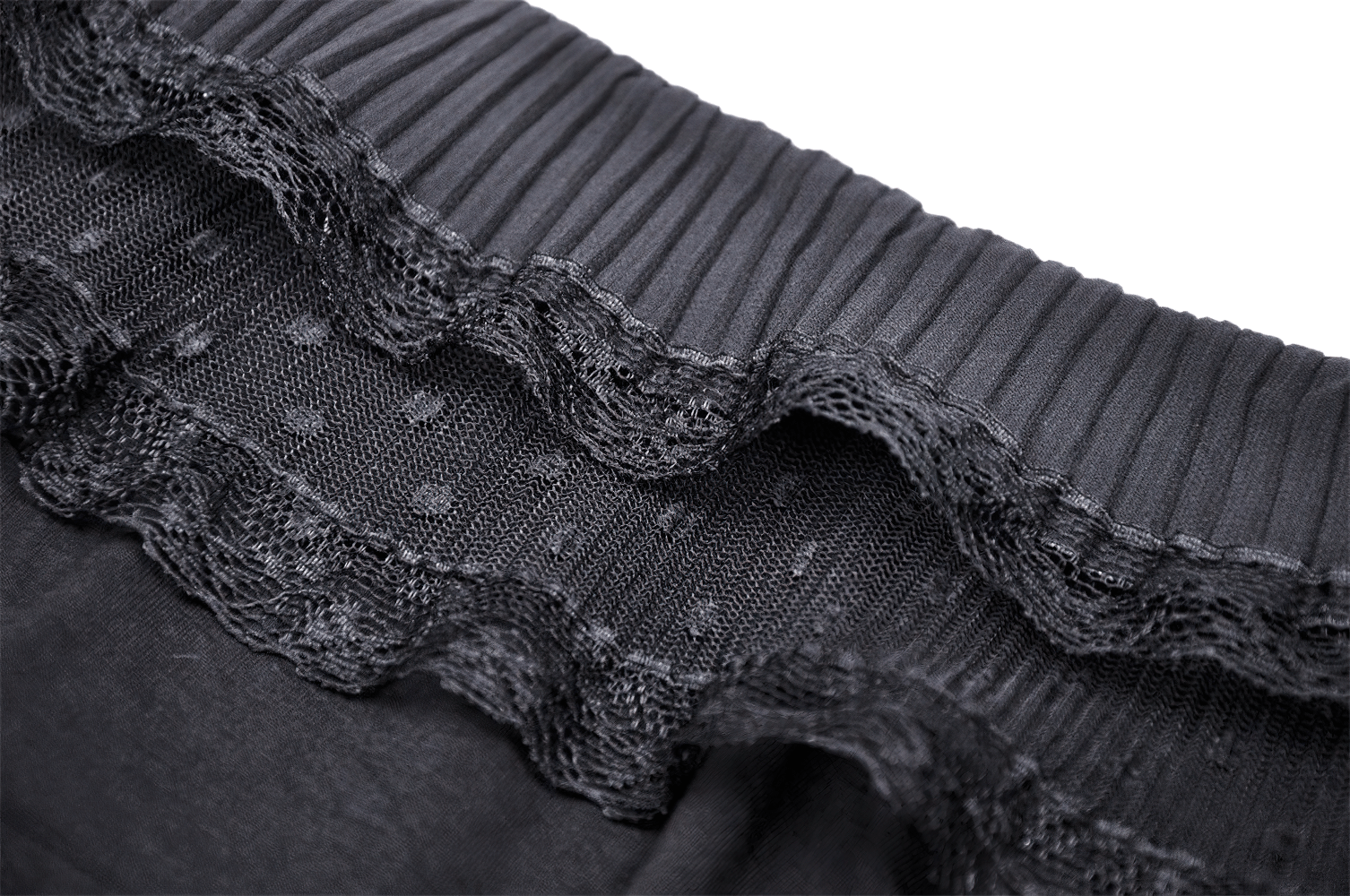 Close-up of elegant black lace detailing with ruffled cuffs and sheer mesh, perfect for a chic, gothic-inspired look.