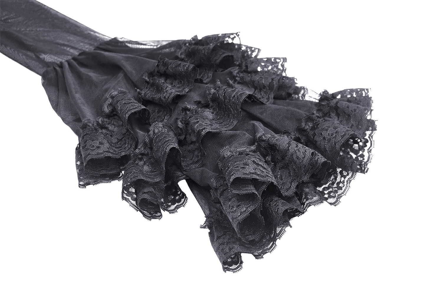 Chic black lace bell sleeves with ruffled detail for an elegant gothic look.