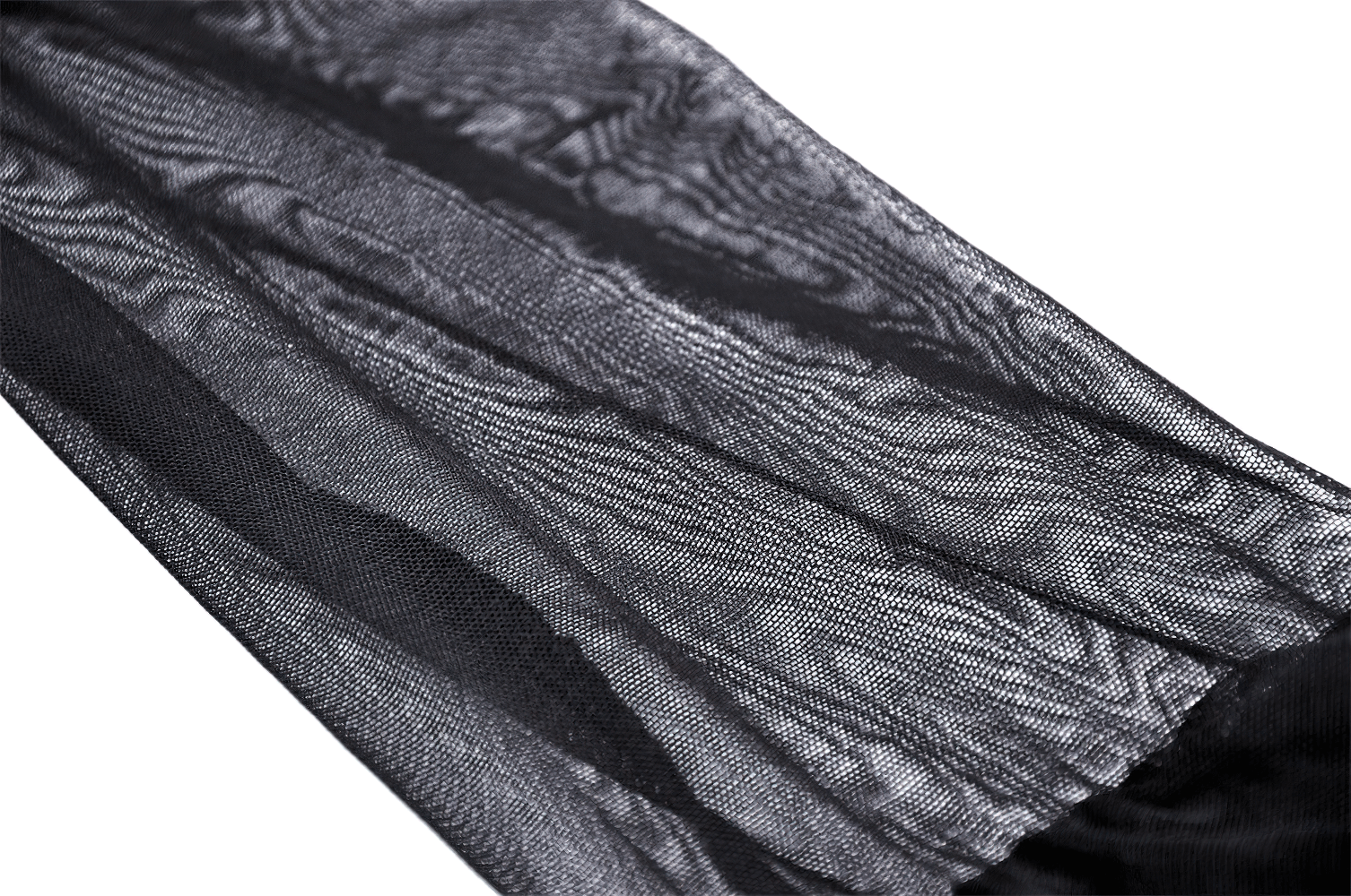 Sheer black mesh fabric showcasing delicate texture and flow for stylish outfit designs.