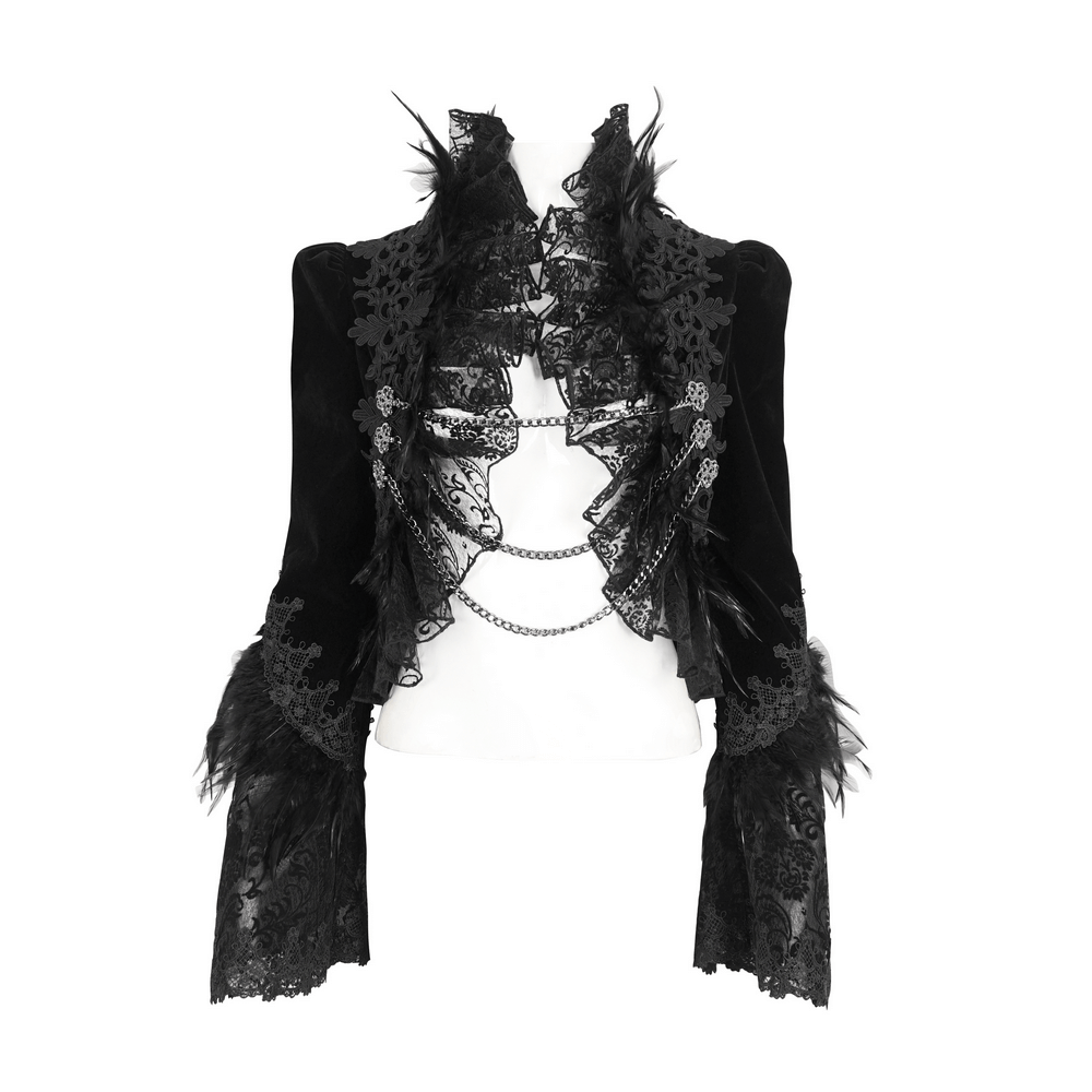 Chic Black Lace Bolero with Feathers and Chain Accents