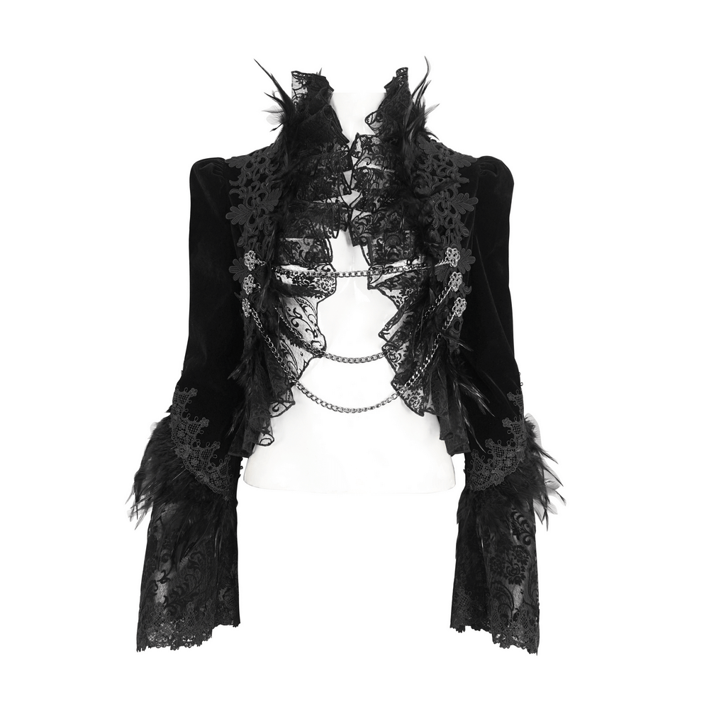 Chic black lace bolero with feathers and chain accents, perfect for gothic-themed outfits.