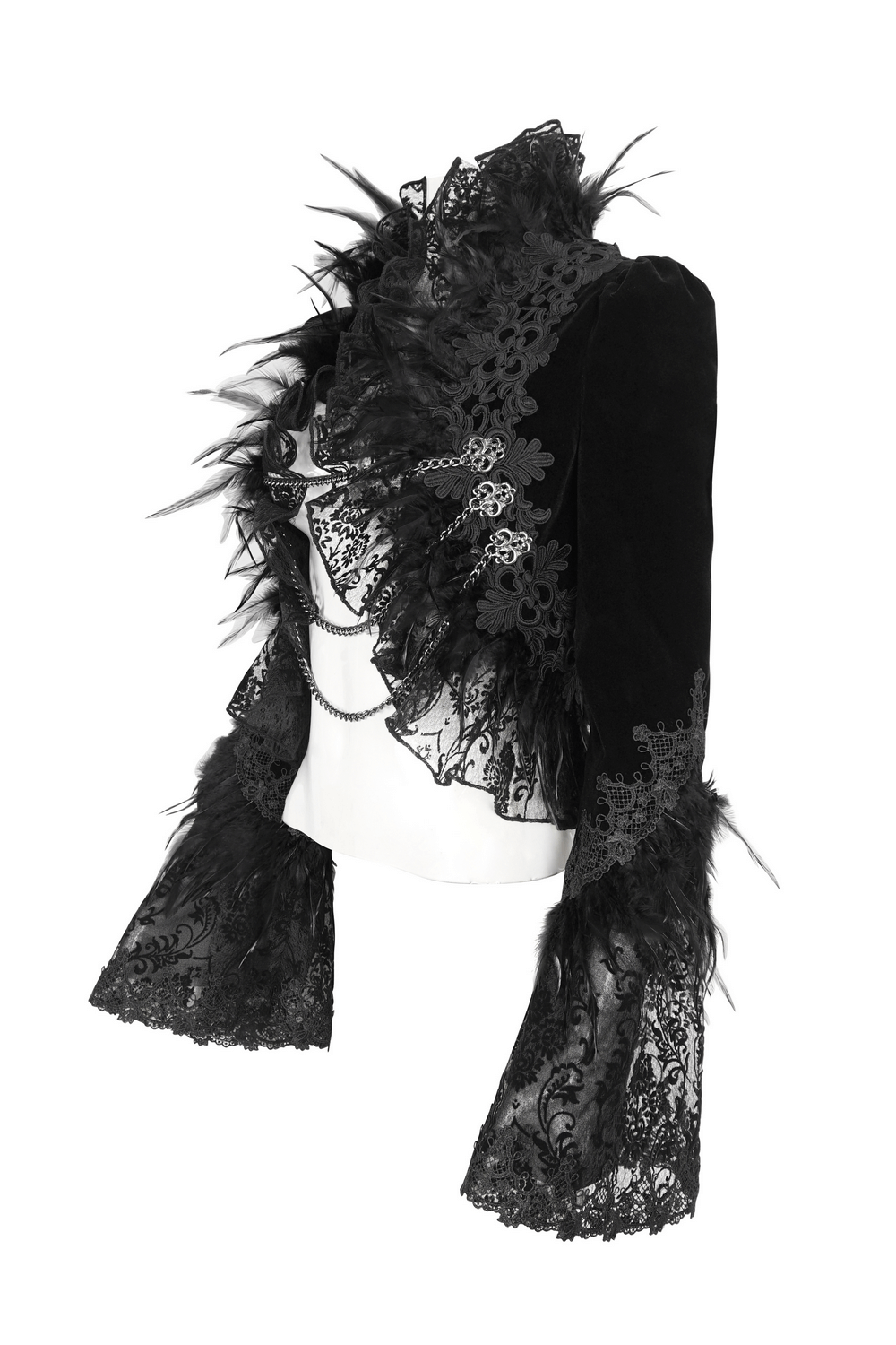 Chic black lace bolero with feathers and chain accents, perfect for gothic style and themed parties.