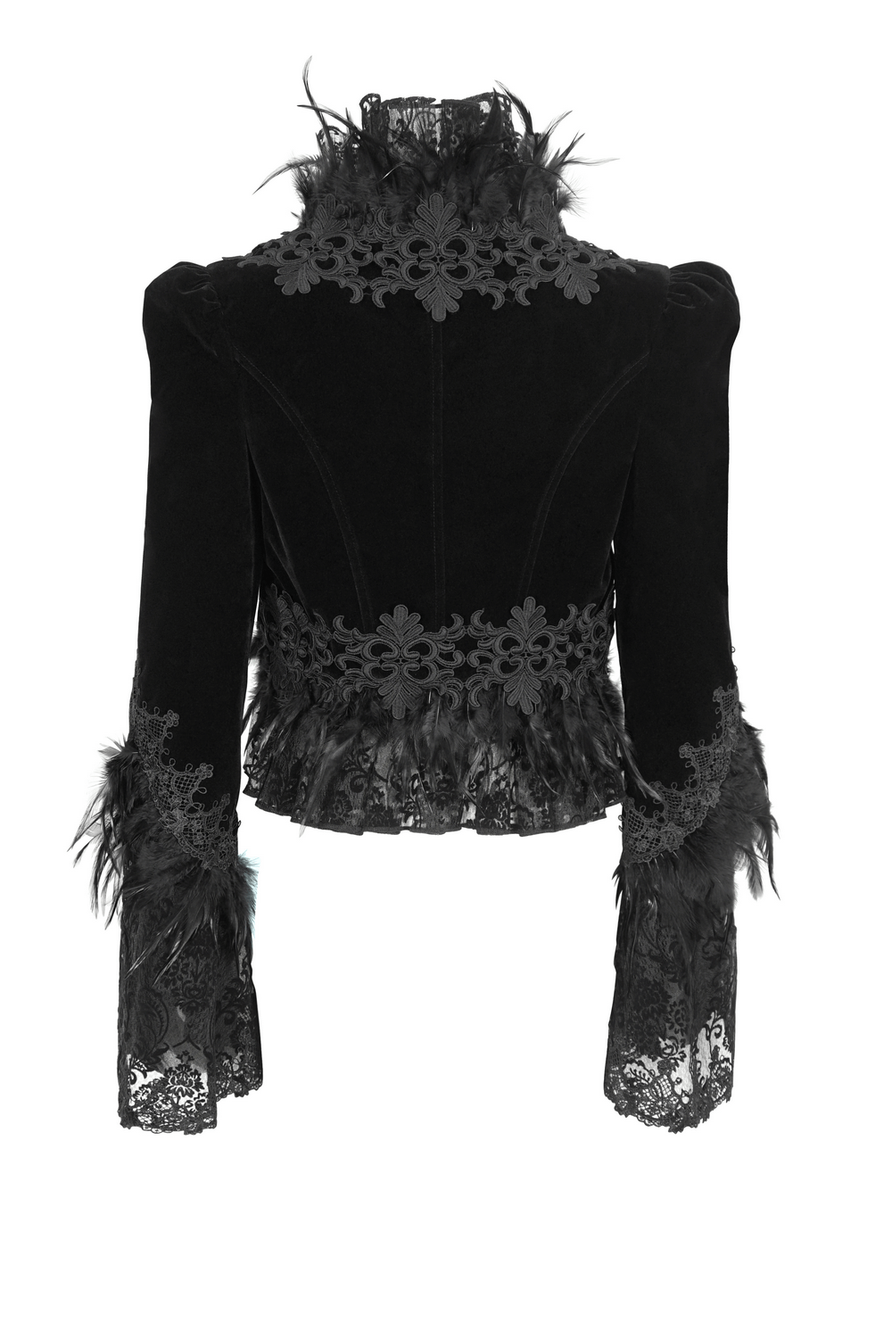 Chic black lace bolero with feathers and chain accents for a gothic fashion statement.