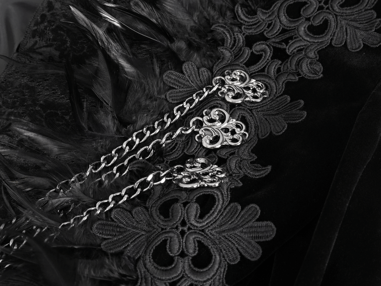 Close-up of chic black lace bolero showcasing feathers and elegant chain accents, perfect for gothic fashion.