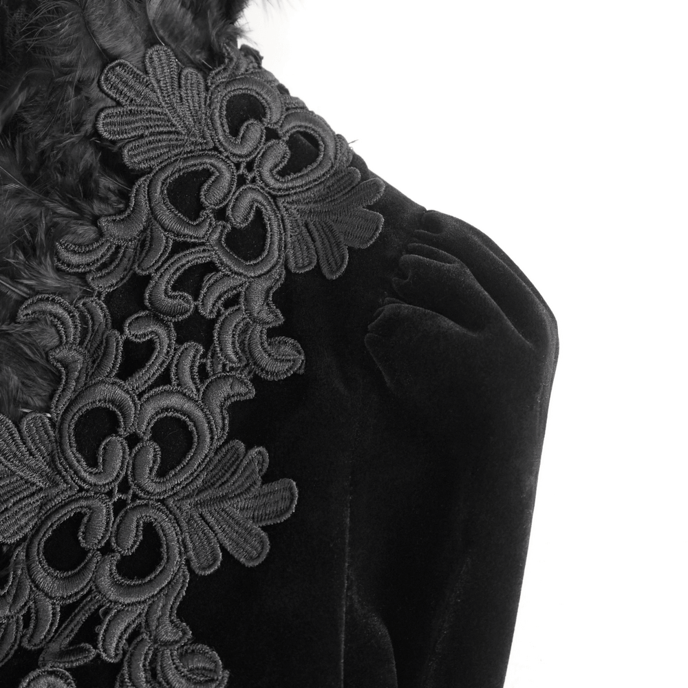 Chic black lace bolero with intricate floral embroidery and feather accents, perfect for gothic-inspired outfits.