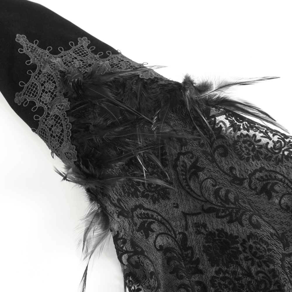Elegant black lace bolero featuring feathers and intricate chain details for a gothic fashion statement.