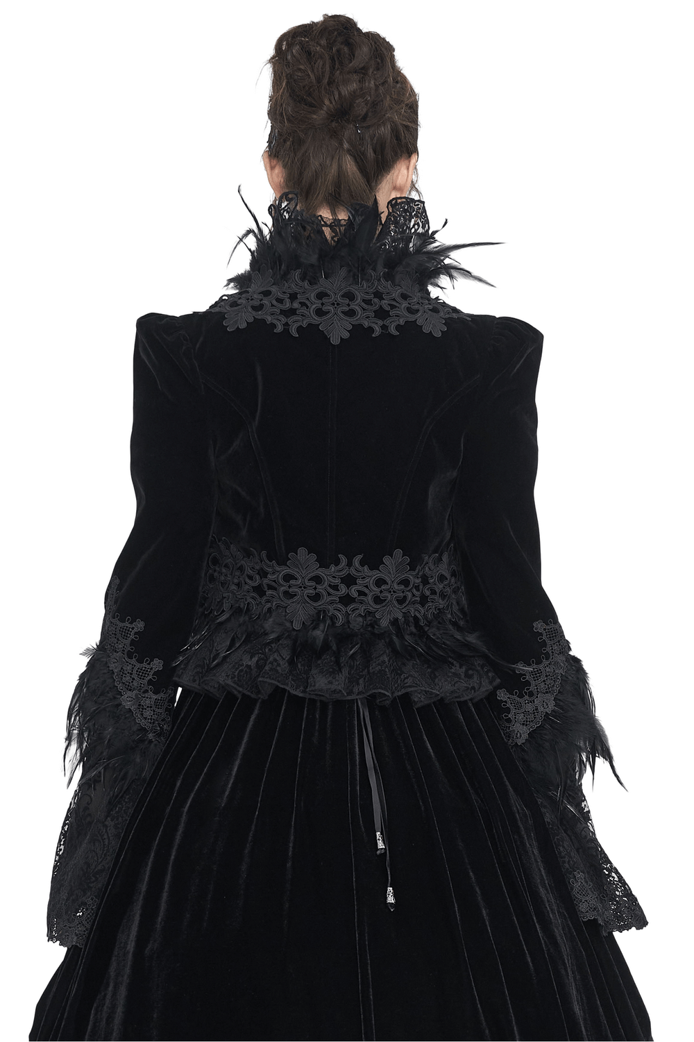 Chic back view of a black lace bolero with feathers and intricate chain accents, perfect for gothic outfits.