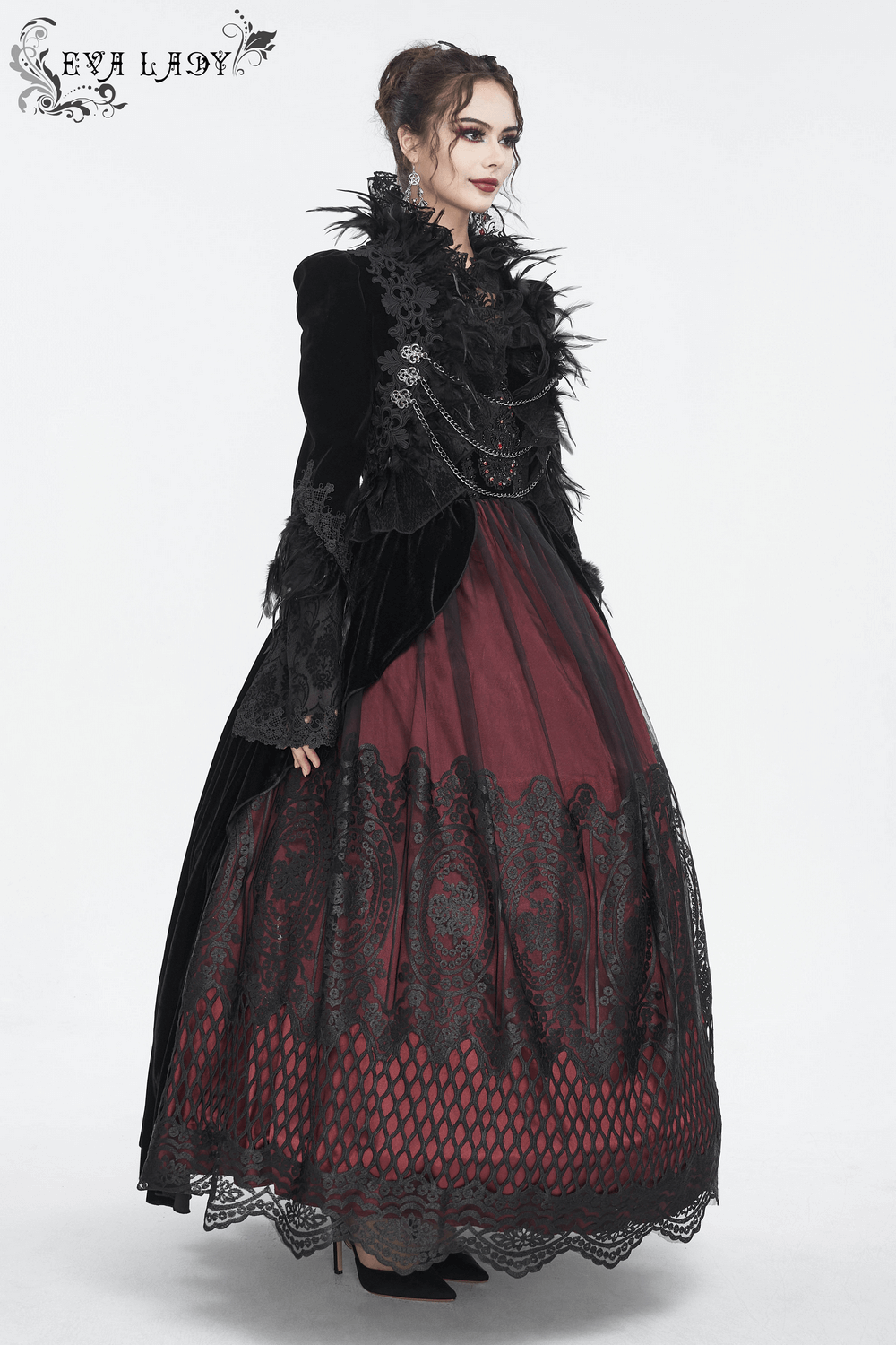 Gothic style dress with lace and feather details, featuring a dramatic black and red design, perfect for themed events.