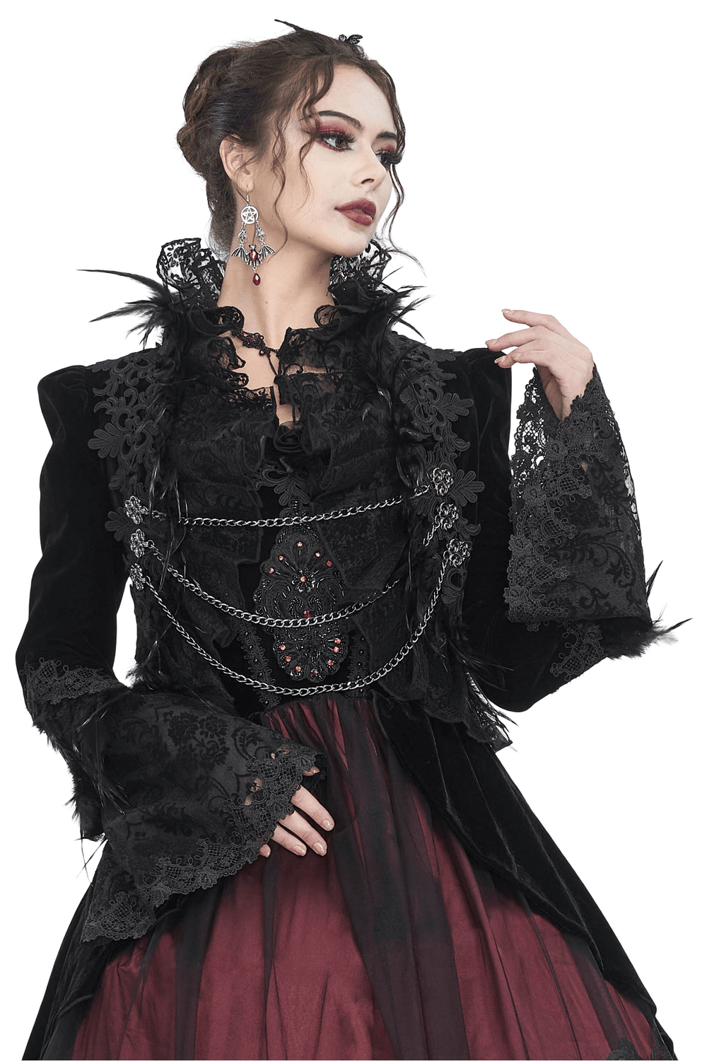 Chic black lace bolero with feather accents and chain, perfect for gothic fashion and themed parties.
