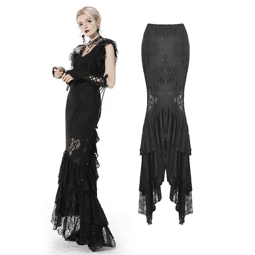 Chic black lace mermaid skirt with layered ruffles and corset back, perfect for gothic and romantic outfits.