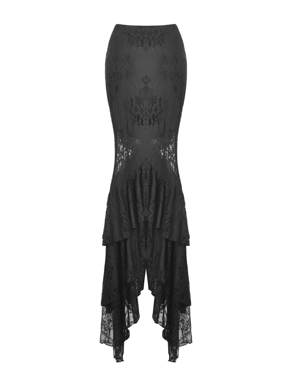 Chic black lace mermaid skirt with layered ruffle hem and dramatic high-low cut, perfect for gothic and romantic looks.