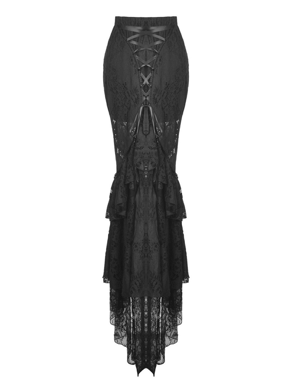 Chic black lace mermaid skirt with layered ruffle hem and corset back detail for gothic elegance.