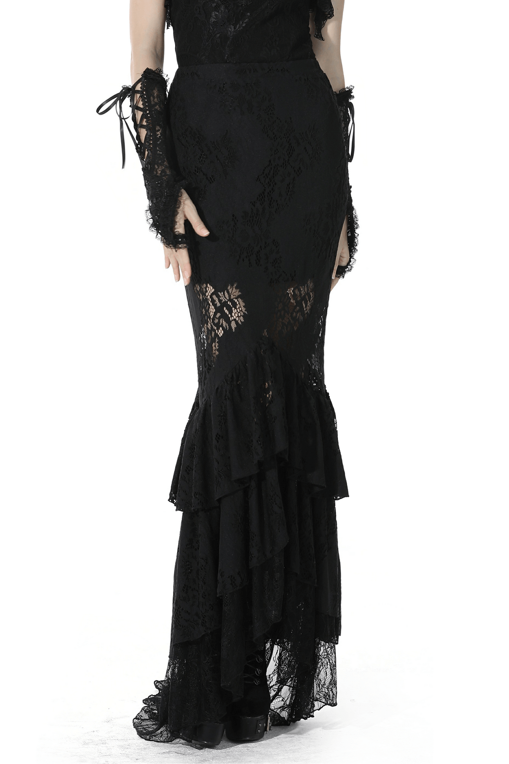 Chic black lace mermaid skirt with layered ruffle hem and corset back detail, perfect for gothic and romantic outfits.