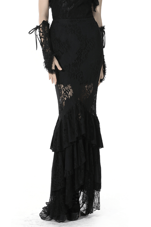 Chic Black Lace Mermaid Skirt with Layered Ruffle Hem