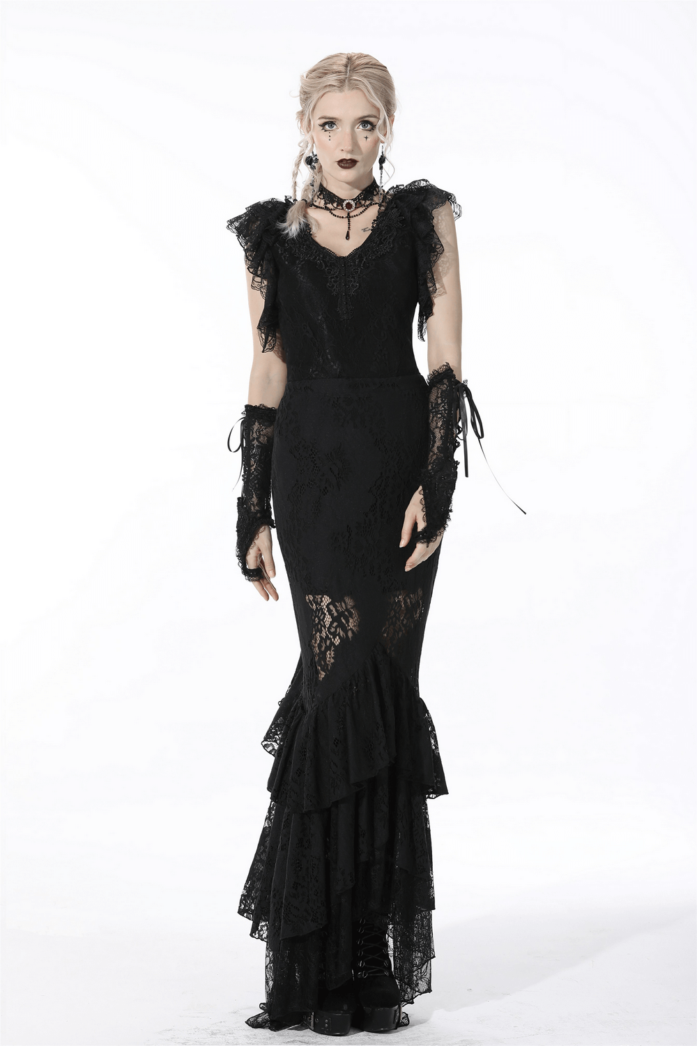 Chic black lace mermaid skirt with ruffle hem, corset back detail; perfect for gothic or romantic occasions.