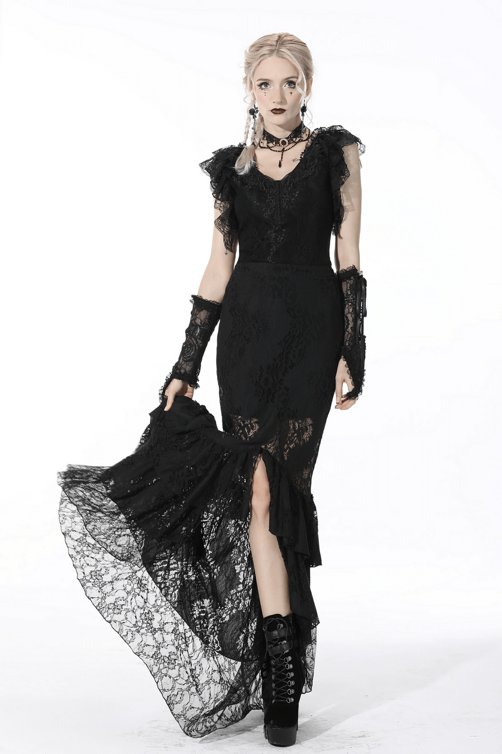Chic black lace mermaid skirt with layered ruffle hem, perfect for gothic and romantic occasions.