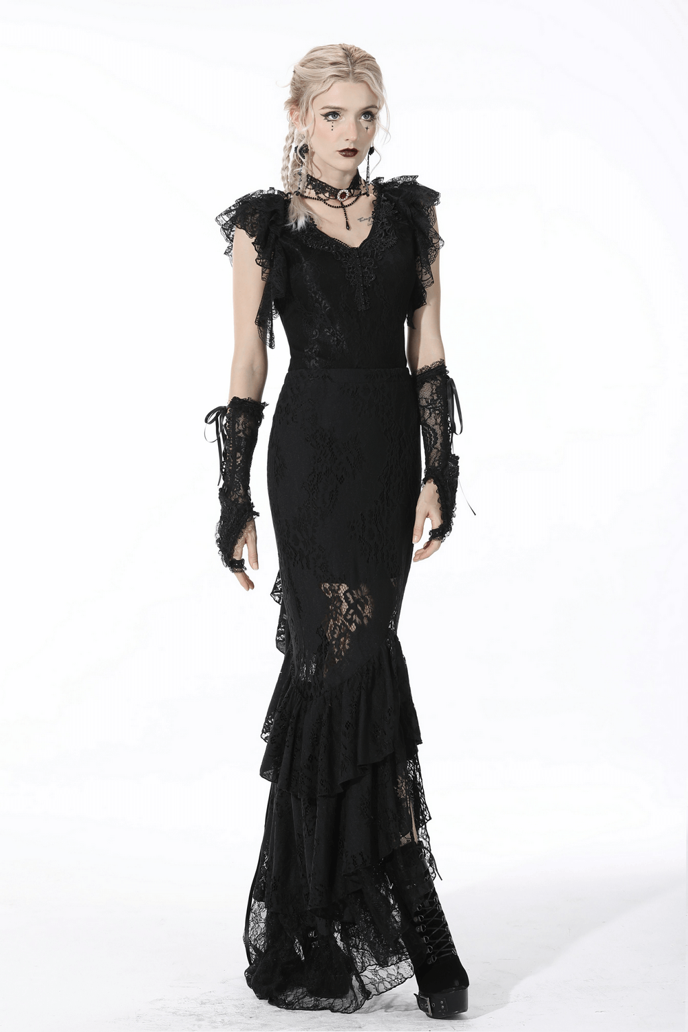 Chic black lace mermaid skirt with layered ruffle hem and corset back detail for gothic elegance.