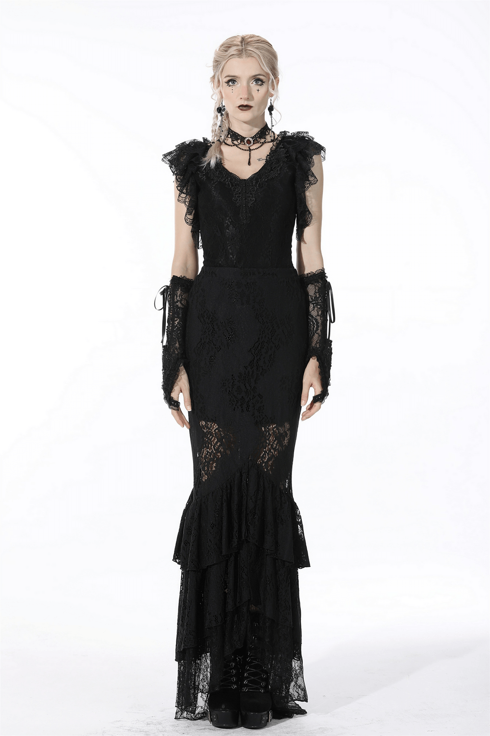 Chic black lace mermaid skirt with layered ruffle hem, corset back detail, perfect for gothic and dark romantic looks.
