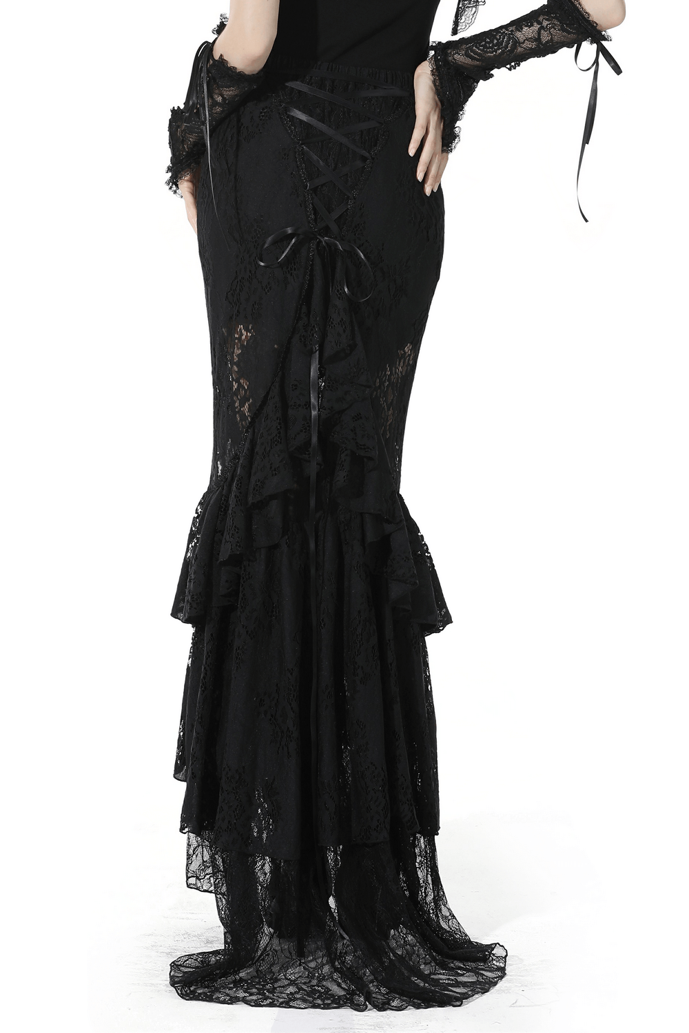 Chic black lace mermaid skirt with layered ruffle hem and corset back detail, perfect for gothic and romantic looks.