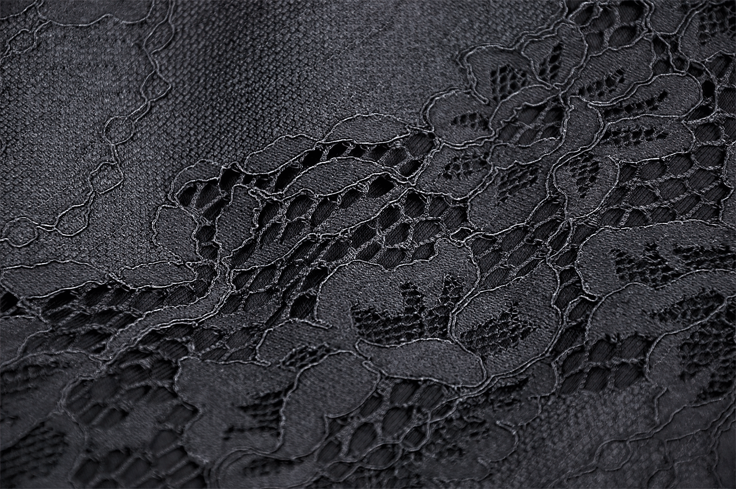 Close-up of luxurious black lace fabric with floral patterns, ideal for gothic and romantic styles.
