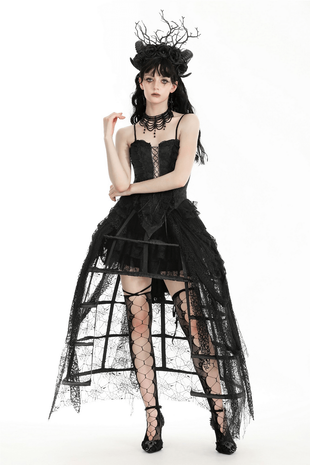 Chic Black Lace Spiderweb Cage Skirt for Women